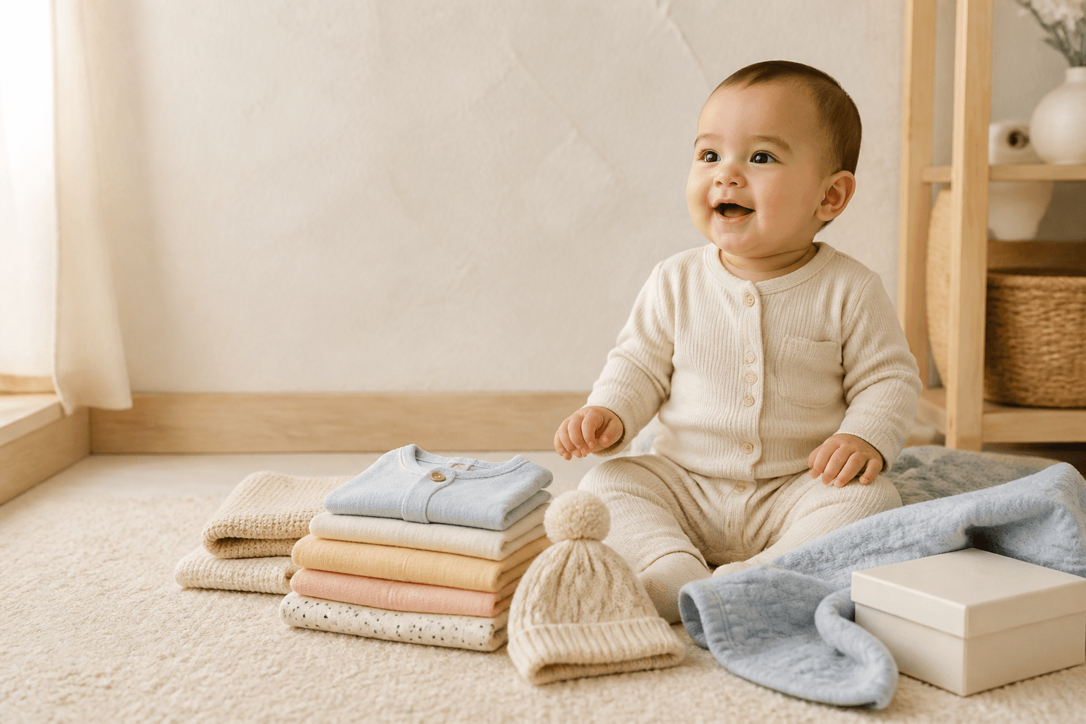 Baby with a calm arrangement of clothing, a blanket, a hat, and a gift box